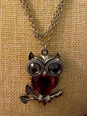 Striking owl pendant with silver and gemstones on necklace.